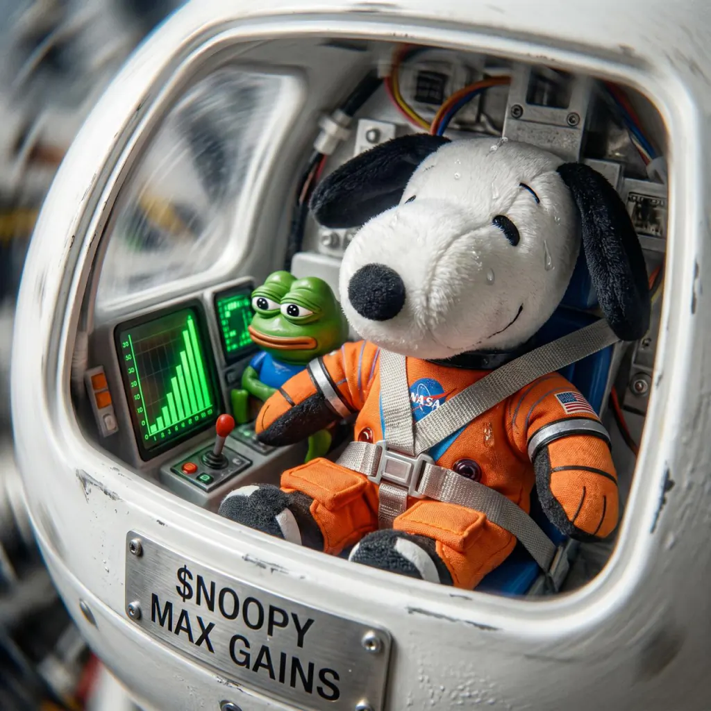Snoopy plush in ACES orange with Pepe in cockpit — MAX GAINS placard