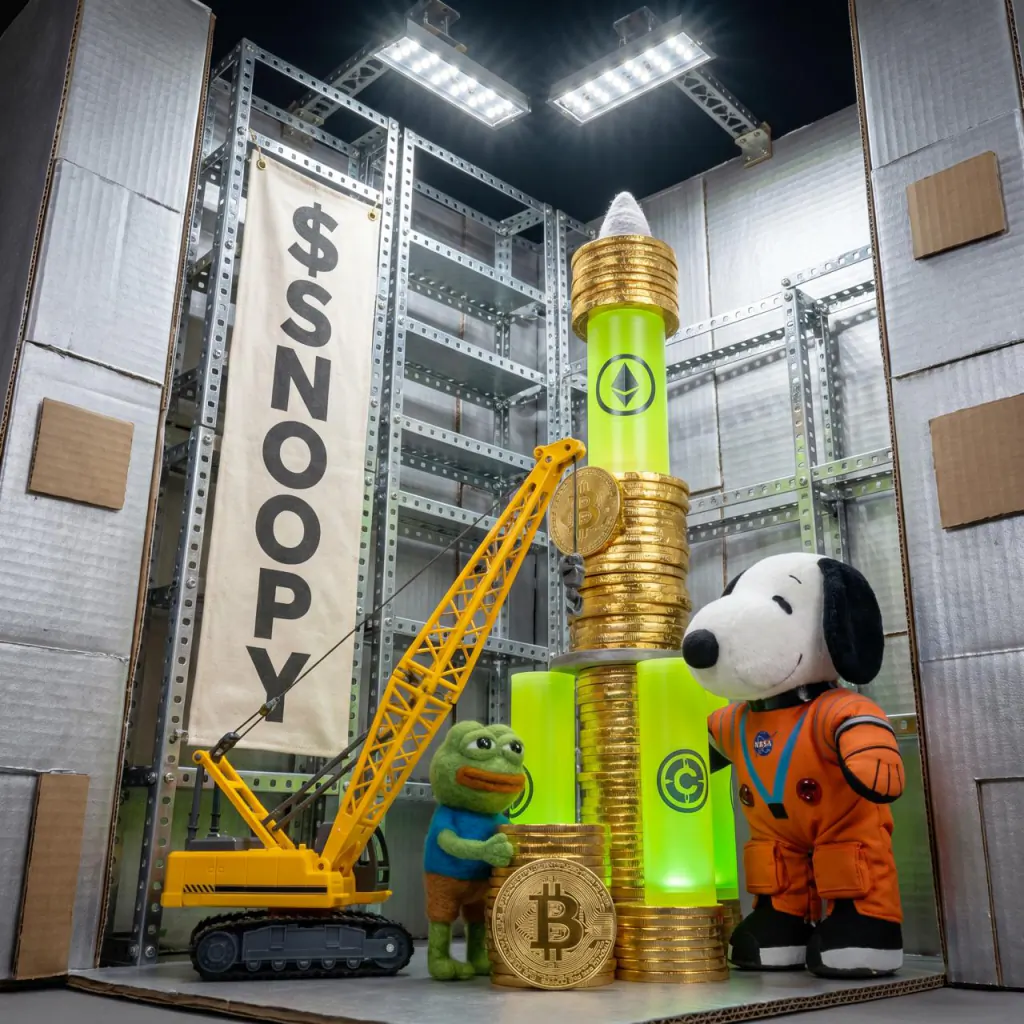 $SNOOPY banner over launch pad — Pepe at crane, Snoopy plush watching