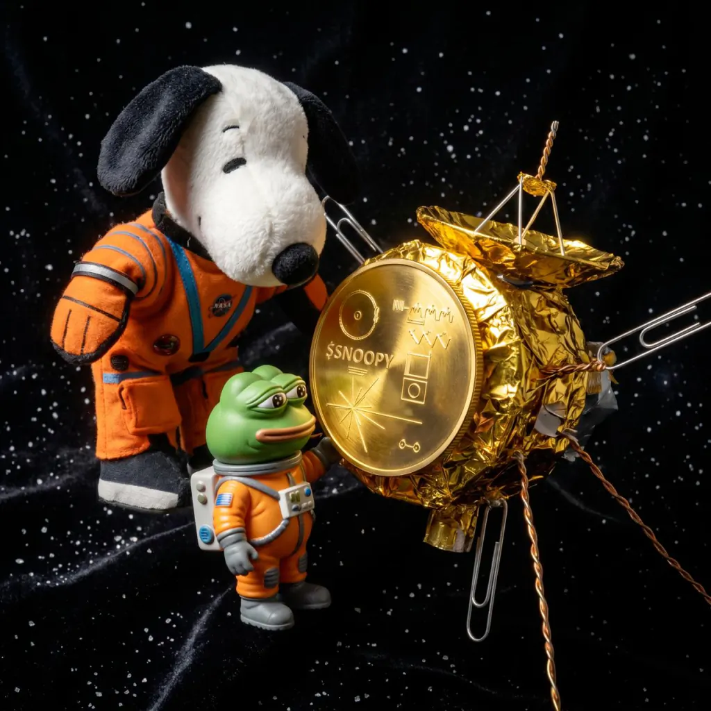 Zero-G cabin — Snoopy + Pepe floating with green candles