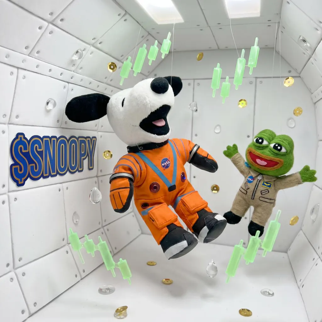 Rocket with $SNOOPY painted — Snoopy & Pepe watching liftoff