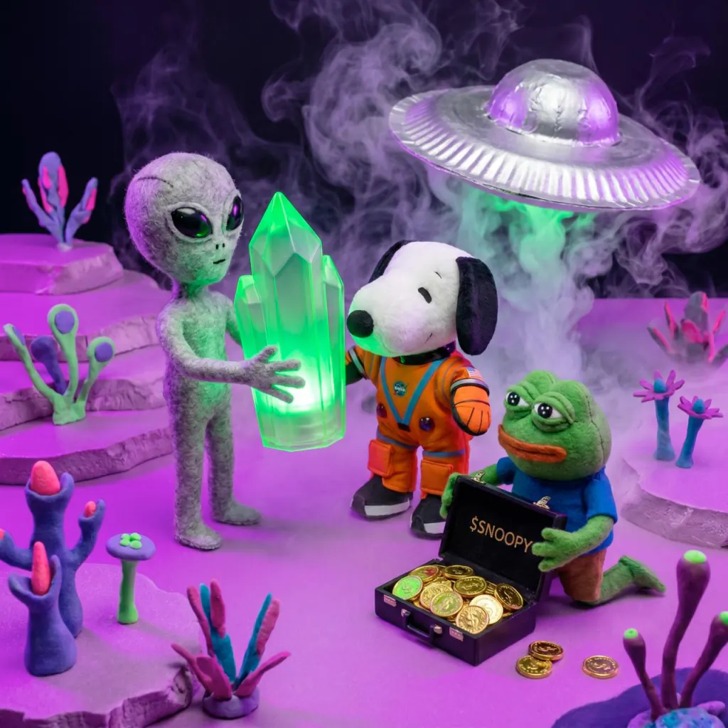 Launch pad scene — $SNOOPY banner, gantry, golden hour