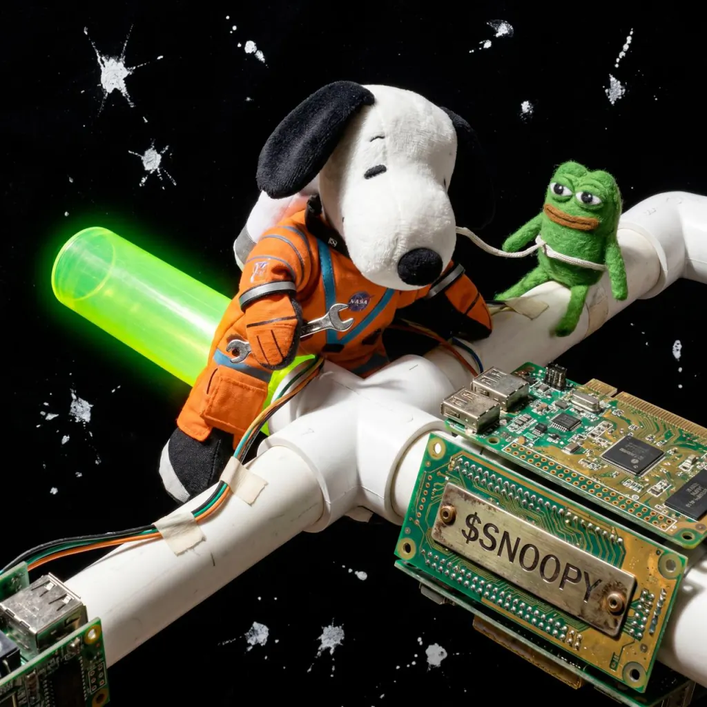 Close-up of Snoopy plushie in ACES — NASA patch visible