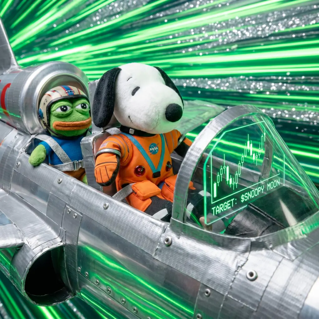Fighter jet cockpit — Snoopy pilot, Pepe copilot, green trail