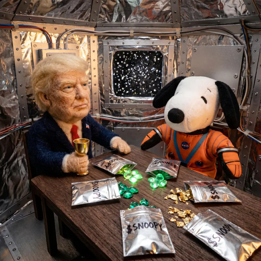 Snoopy plush at comms panel · Pepe monitoring